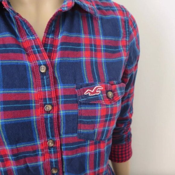 Hollister Womens Plaid Shirt Size XS Top Button Down Blouse Blue & Red - Picture 4 of 4